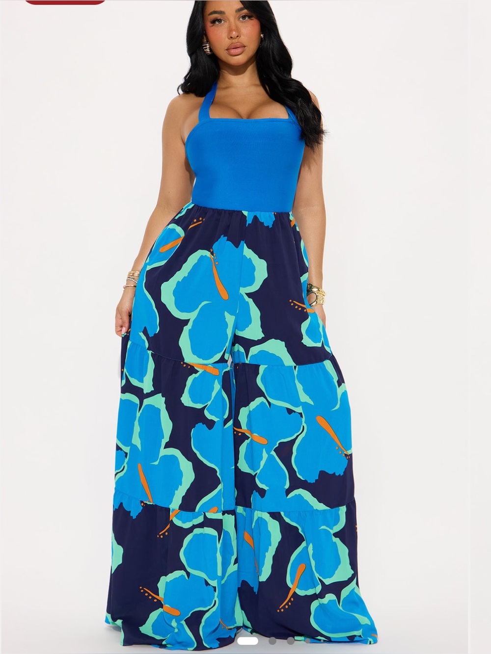 Fashion Nova Blue Halter Floral Jumpsuit with Navy & Aqua Print